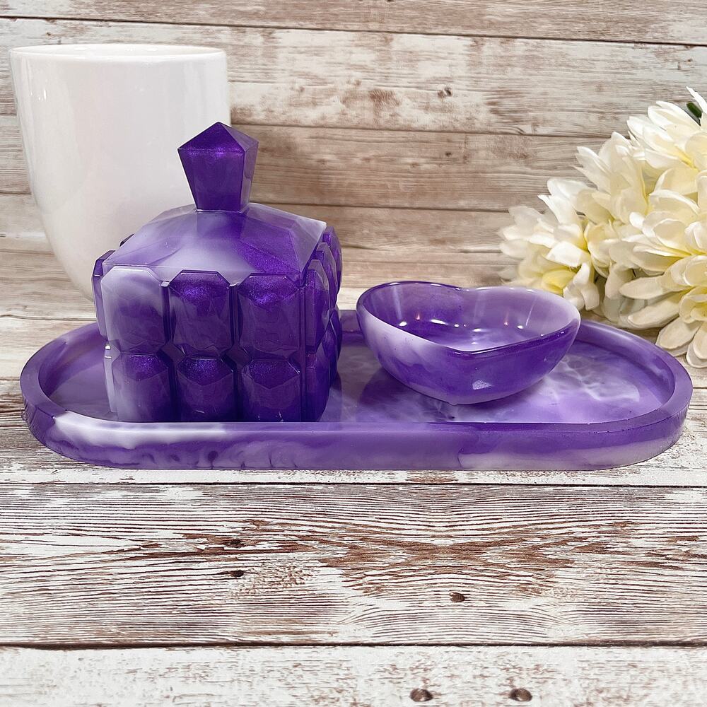 Purple Marbled Resin Jewelry Organizer Set – Tray, Box and Heart Dish